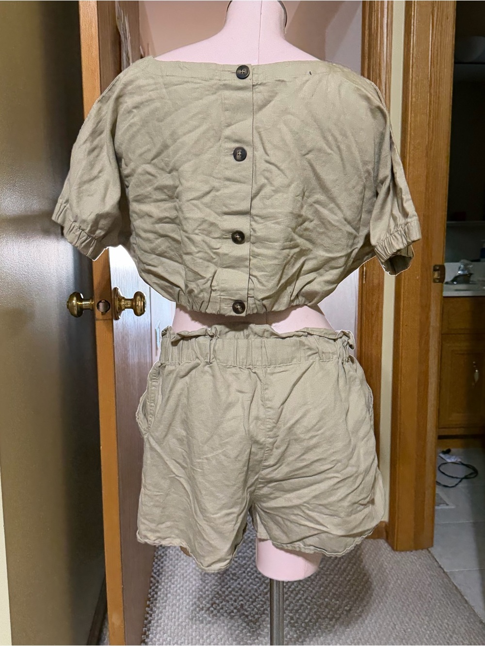 Zara Olive Green Button-Back Short Set - Two-Piece